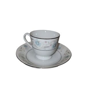Elegant Fine China Cup and Saucer Set - White with Blue and Pink Floral Design